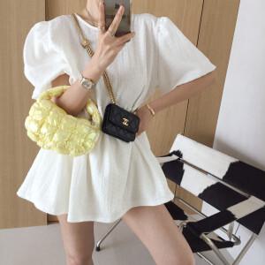 베이비 라운드 벌룬소매 A라인 주름 링클프리 여름 롱블라우스 미니원피스 (2color)