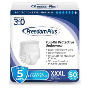 에센셜 360 프리덤 플러스 XXXL 성인 기저귀, 남녀용 최대 흡수성 요실금 속옷, 3D 리크 가드, 360 컴포트 핏, 냄새 제어 u2013 XXXL, 50 카운트