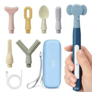 7개의 텍스처 실리콘 헤드가 있는 조이리얼 충전식 감각 버즈 구강 운동 진동 키트 - 언어 치료를 위한 4가지 모드 테더 자폐 제품, 자가 영양, 요구를 자극합니다