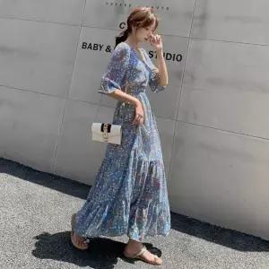 블루가든 플라워 스트링 롱 원피스 FSF-D 0020꽃 프릴 무늬 미니 랩원피스 리본 브이넥 쉬폰