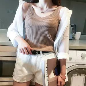 레이스민소매 여성 베이직 브이넥 나시티 신축성 쫀쫀 골지