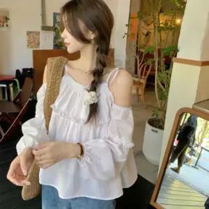 프릴 청순 오프숄더 페미닌룩 블라우스 어깨트임 여성 LNu9+8zvd