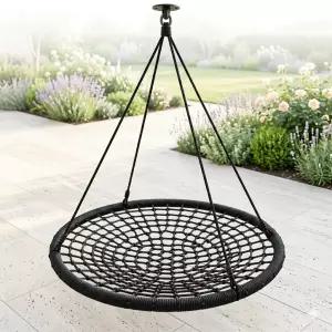 원형 해먹 그네 오렌지 카페 여행 파란색 인테리어 공원 휴식 라탄 흔들