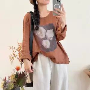 여성용 가을 티 셔츠 긴팔 프린트 라운드 상의 리넨 빈지 풀오버 BE3