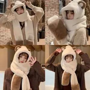 보들보들 양털 후리스 후드 일체형 장갑 목도리 남녀공용 겨울
