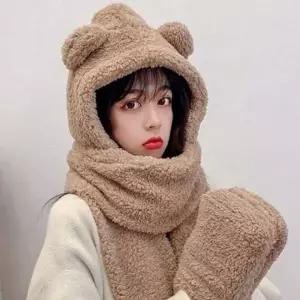 귀여운 곰돌이 후드형 넥워머 일체형 모자 목도리 장갑 겨울