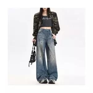 여성 스타일 완성 배기핏 청바지 츄러스 페인팅 그래피티 와이드 데님 슬림 슬리퍼 바지 스포M1