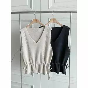 [하프클럽/샵앤]여성 레이어드 V넥 허리조절 잔골지 니트 조끼 BONG-WVS-4760-베