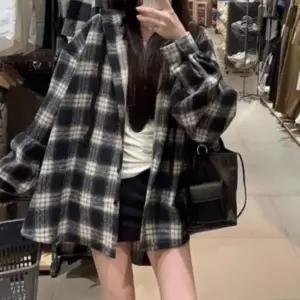 [하프클럽/]여성 일상용 빅사이즈 격자 후디 셔츠