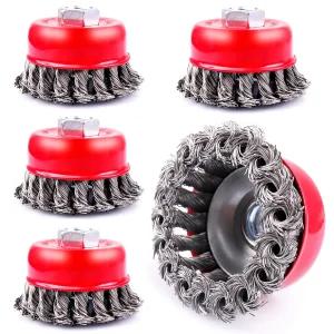 LSTOPGO 5팩 3인치 매듭 와이어 컵 브러시 4 1/2 앵글 그라인더 5/8인치-11 나사형 Arbor 0.02인치 탄소강
