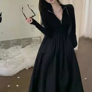 하프 집업 니트 믹스 롱 원피스 긴팔 반집업 FLS-1005660