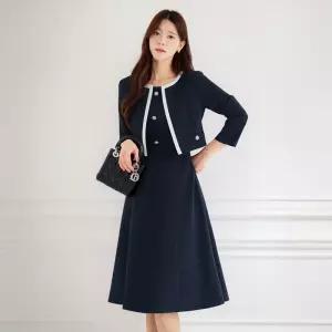 시크라인 ~XXL까지 모니 레이어드 배색 자켓 플레어 원피스 봄 가을 하객룩 오피스룩 모임룩 격식룩 빅사이