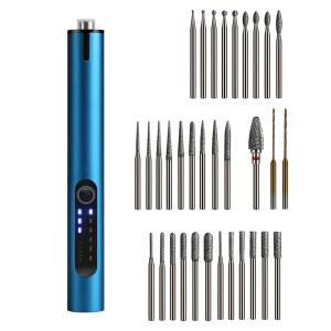 DIY 공예를 위한 30개의 조각과 2개의 드릴링, 1개의 텅스텐 카바이드 연삭 로터리 비트가 있는 미니 무선 전기 각인 펜, 금속, 목재, 유리, 플라스틱(블루)용 USB LED 라이트 3단 공구 키트
