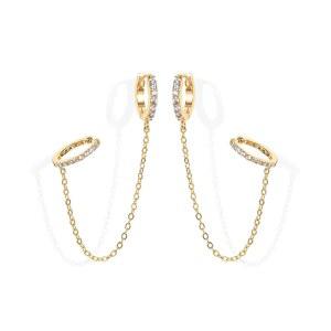 여성 파보이 14K 골드 체인 귀걸이 | 더블 피어싱 당글 허기 후프 큐빅 지르코니아 펄 스터드 이어 커프