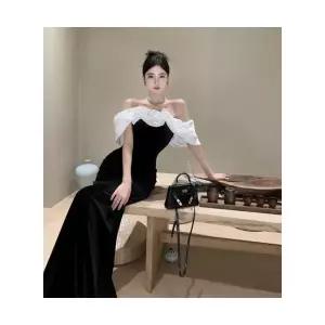 여자 원피스 쉬폰 원템1 프릴 슬림핏 드레스 골드 벨벳 일자 스커트