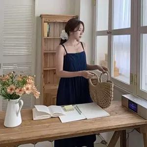 [옷자락]여자 오버핏 스모크 밴딩 끈나시 데님 롱 원피스