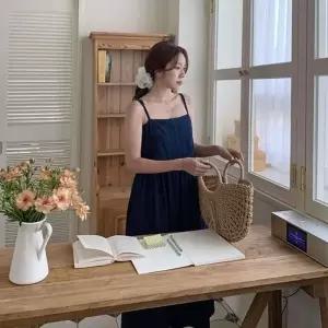 [옷자락]여자 오버핏 스모크 밴딩 끈나시 데님 롱 원피스