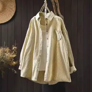 손오공 여자 빈티지 스트라이프 슬림 긴팔 앤티크 린넨 코튼 칼라 세로 블레이저 데일리룩 셔츠 의상 루즈