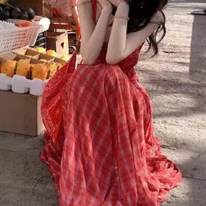 원피스 롱 빨강 여친 캐주얼 민소매 나들이 코디 슬림핏 체크 나시 원픽1