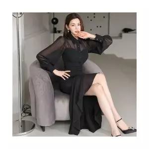 솔저스여성 슬림 시스루 쉬폰 플레어드레스 롱원피스 긴팔 추동 OPH3