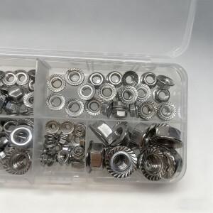 110개/박스 DIN6923 플랜지 너트 육각형 톱니형 스핀락 잠금 세트 혼합 사이즈 M3 M4 M5 M6 M8 스테인리스