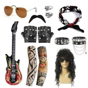 비바라제이엠 10개 로커 코스튬 남성 가발 블랙 컬 디스코 파티 선글라스 수염 소매 장갑 70년대 80년대 90년대용 헤드스카프
