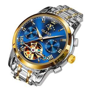 OLEVS 남성 시계 자동 기계 골격 달 위상 원피스 비즈니스 스테인리스 스틸 3AT 방수 야광 손목