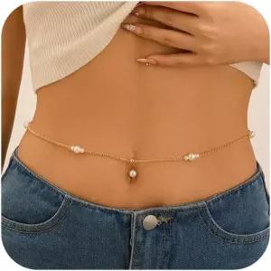 벨리 링 레이어드 위 체인이 있는 여성용 롱기타 실버 골드 허리 체인 진주 라인스톤 바디 보석