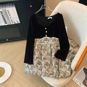 EAMT 원피스 여성용 빈티지 빅사이즈 긴팔 패치 가짜투피스 봄가을 플라워 EUNG3