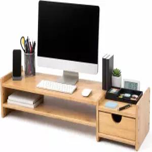 서랍이 있는 대나무 2단 모니터 스탠드 라이저 노트북 컴퓨터 프린터 휴대폰용 데스크톱 정리함 - 목과