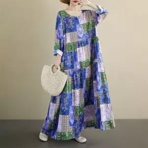 원피스 여사친 면 가을 플라워 린넨 라운드 체크 프린트 긴팔 B01Z3J CH3