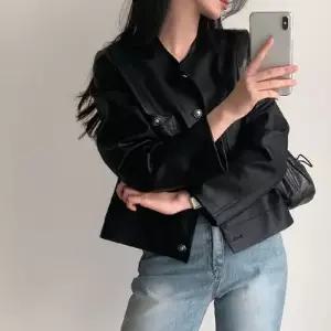 검정 여자 자켓 조추 라운드 PU가죽 숏 코트 OP3