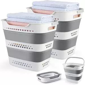 접이식 세탁 바구니 팝업 플라스틱 편안한 손잡이 공간 절약 휴대용 더러운 옷 보관 용기/정리함 (그레이
