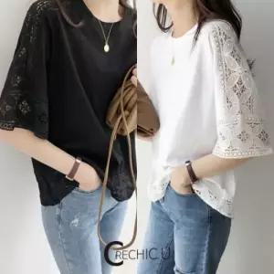 여름용 여성 레이스 블라우스 반팔 티셔츠 레이어드 스타일 WGI8+7SVj