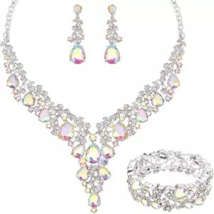 CSY 우아한 크리스탈 코스튬 주얼리 세트 플라워 신부 목걸이 귀걸이 스트레치 뱅글 들러리 웨딩 드레스