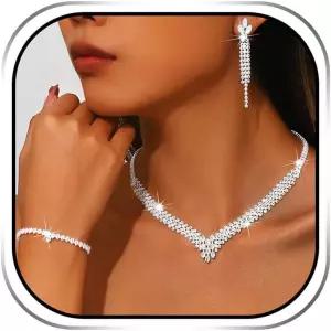 식스엑시 라인스톤 웨딩 주얼리 세트 실버 신부 목걸이 귀걸이 파티 프롬 코스튬 액세서리 여성용