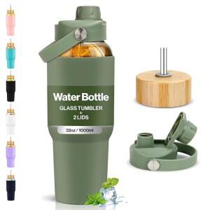 프로빗틀 유리 물병 32온스 1리터 텀블러 보로실리케이트 빨대 포함 실리콘 슬리브 뚜껑 2개 - 핸들 스파우트 & 대나무 자동차 컵 홀더에 맞습니다 (올리브)