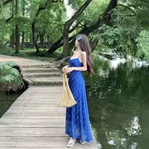 엘럽 원피스 여사친 레이스 바캉스룩 체크 브이넥 나시 슬림 롱스커트 원템1