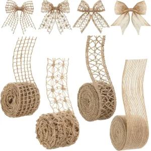 4 롤 버랩 리본 와이어드 내추럴 황마 레이스 1.6-2 인치 x 16.4 야드 공예용 래핑 빅 보우 봄 야외 장식