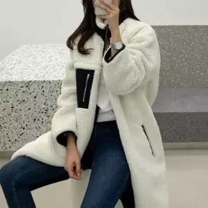 플리스자켓 부드러운 양털점퍼 롱후리스 흰색 롱점퍼 여성 아우터