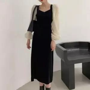 [의류] 벨벳 롱원피스 시스루 배색소매 긴팔 하객룩 데이트룩