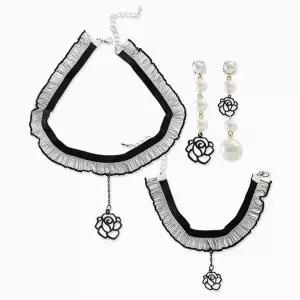 (목걸이+귀걸이+팔찌) (은침) 장미 레이스 초커 세트