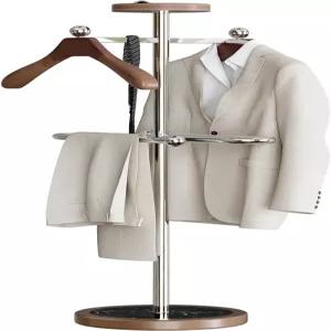 마블 베이스가 있는 MLAVUDM 수트 발렛 스탠드 2개의 나무 걸이 수납 트레이 스테인리스 스틸 프레임 침실