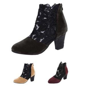 TVNGDLI 여성 플라워 레이스 클로즈드 토 하이힐 샌들 백 지퍼 컷아웃 통기성 힐 발목 부티 정형외과 플로럴 블록 부츠