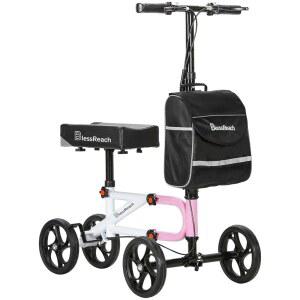 발 부상을 위한 블레스리치 이코노미 무릎 스쿠터 조향식 보행기 듀얼 브레이크 시스템(핑크 분홍색) 컴팩트 목발 대안