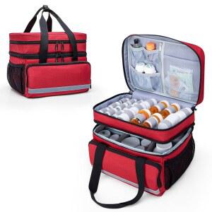 CURMIO 이중레이어 알약 병 정리 가방 비어 있음 잠글 수 있는 지퍼가 의약품 정리함 보관 케이스 처방전 병용 여행 용품 빨간색(특허 디자인)