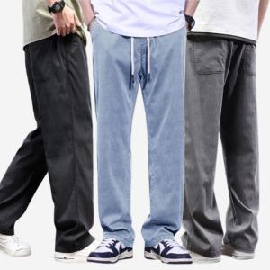 남자 허리밴딩 여름 쿨 아이스 와이드 슬랙스 스판 데님 팬츠 I2SL026