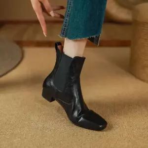 QEXXNXK022 여성 겨울 빈티지 스퀘어토 미들힐 소프트 워커 앵클 첼시 부츠