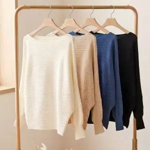 [샵앤] 여성 보트넥 가오리핏 가로 골지 니트 티셔츠 JR-WKN-5168