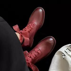 여자 빨강 빈티지 아이템 앙콜라 신발 워커 양가죽 애나멜 미들 부츠 굽 트렌디 앵클 워싱 스트랩 워커힐 H